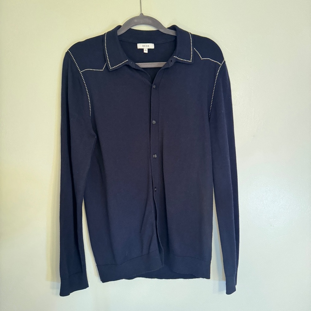 Reiss Navy Button-Up Cardigan with White Stitching Size M